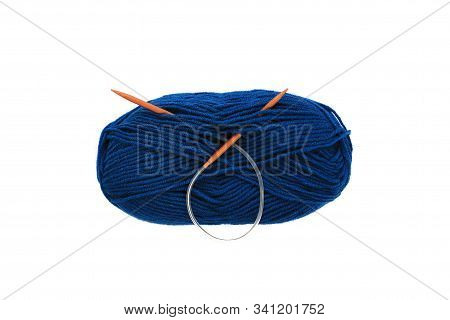 Yarn Skein For Hand Knitting And Crochet On White Background Isolated. Ball Of Soft Wool With Needle
