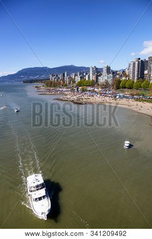 Downtown Vancouver, British Columbia, Canada - April 20, 2019: Aerial View Of Crowd Of People Gather