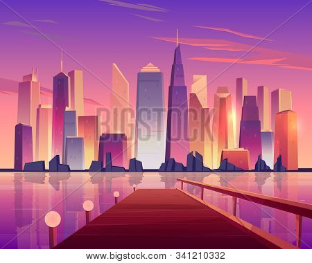 City Skyline Panoramic View From Waterfront Wooden Pier Lit By Lamps And Futuristic Skyscrapers On O