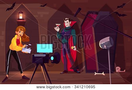 Filming Movie Or Clip About Count Dracula Cartoon Concept. Actor In Vampire Costume Standing In Fron