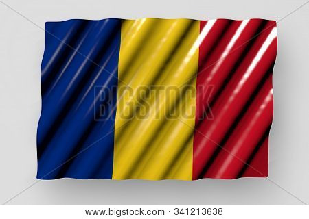 Pretty Shining Flag Of Romania With Big Folds Lay Isolated On Grey - Any Feast Flag 3d Illustration