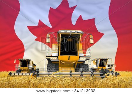 4 Orange Combine Harvesters On Farm Field With Flag Background, Canada Agriculture Concept - Industr