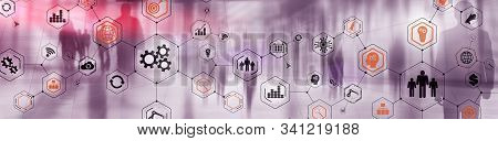 Business Structure Diagram. Gears Mechanis And Social Media On Virtual Screen.