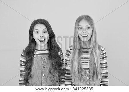 Grow Hair. Hairdresser Salon. Kids Beautiful Friends Or Sisters With Perfect Hairstyles. Chevelure C