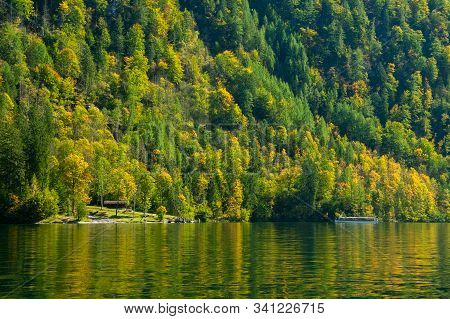 Reflection Of Hills In Koenigsee, Autumn Time In Bavaria