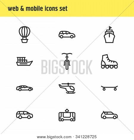 Illustration Of 12 Transit Icons Line Style. Editable Set Of Mpv, Medium Car, Air Balloon And Other 