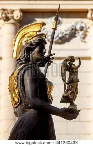 Bucharest, Romania - November 05, 2019: The Statue Of The Goddess Minerva, Made By Sculptor Mihai Ec