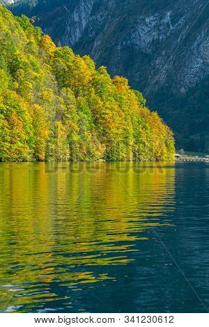 Reflection Of Hills In Koenigsee, Autumn Time In Bavaria