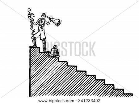 Drawing Of Medical Doctor With Aesculapian Staff And Telescope In Hand Looking Back Down A Staircase