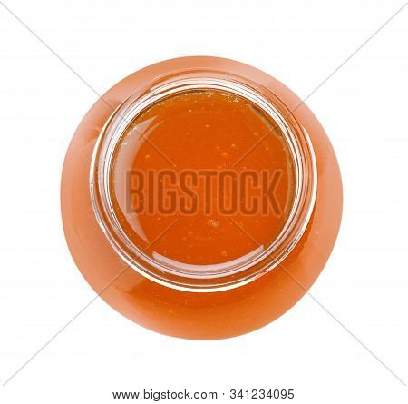 Jar Of Organic Honey Isolated On White, Top View