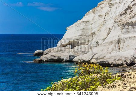 Karst cave in the limestone mountain of Rosh a Nikra, geological formation in northern Israel. The border between Israel and Lebanon. The concept of active, environmental and photo tourism