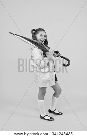 Autumn Weather. Totally Ready. Schoolgirl With Umbrella Wear Waterproof Raincoat. Autumn Rain. Going