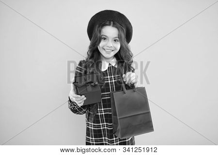 Happy Childrens Day. Fashionable Shopaholic. Kid Fashion. Happy Girl In French Beret. Child With Pre