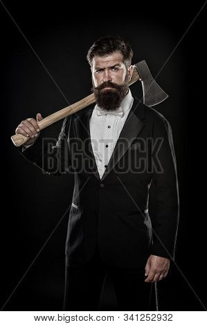 Tuxedo Party Boss. Brutal Man Hispter Hold Axe Black Background. Confident Businessman Formal Suit. 