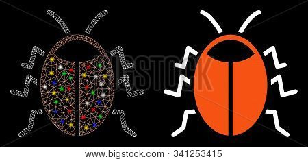 Glowing Mesh Bug Icon With Sparkle Effect. Abstract Illuminated Model Of Bug. Shiny Wire Carcass Pol