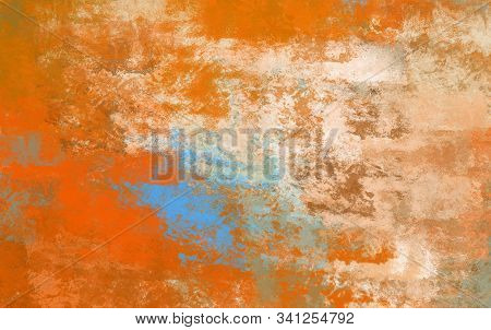 Abstract Brush Painting. Brushstrokes , Spots Of Paint. Background In Orange And Blue Tones. Painted