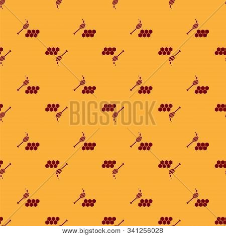 Red Honeycomb With Honey Dipper Stickicon Isolated Seamless Pattern On Brown Background. Honey Ladle