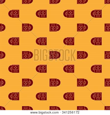 Red Cd Or Dvd Disk In Box Icon Isolated Seamless Pattern On Brown Background. Compact Disc Sign. Vec