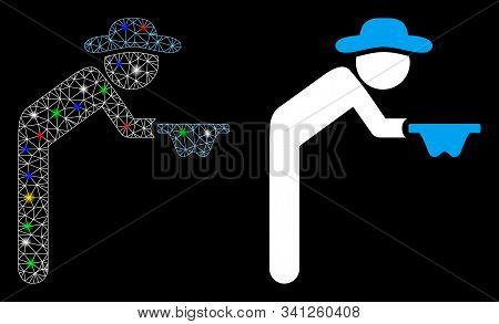 Glossy Mesh Gentleman Beggar Icon With Glare Effect. Abstract Illuminated Model Of Gentleman Beggar.