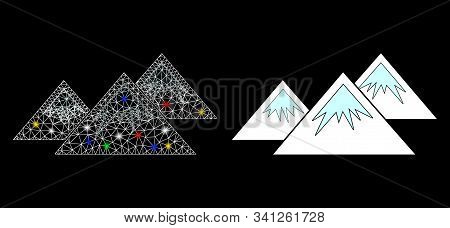 Glowing Mesh Icecap Mountains Icon With Glitter Effect. Abstract Illuminated Model Of Icecap Mountai