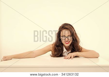 Business Success. Smiling Woman With Long Curly Hair. Smart Teacher Isolated On White. Student At Ta