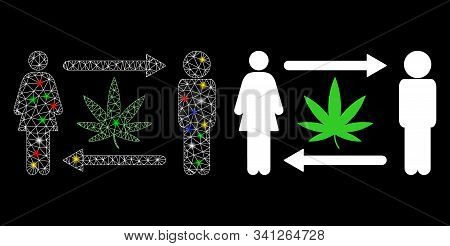 Flare Mesh People Exchange Cannabis Icon With Glow Effect. Abstract Illuminated Model Of People Exch