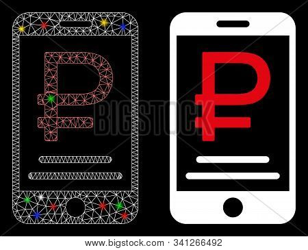 Glowing Mesh Rouble Mobile Payment Icon With Glare Effect. Abstract Illuminated Model Of Rouble Mobi