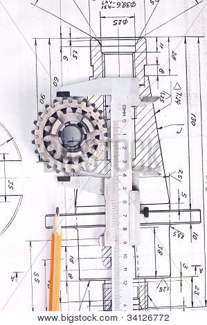 Bremssattel mit Teil auf Engineering-Zeichnung