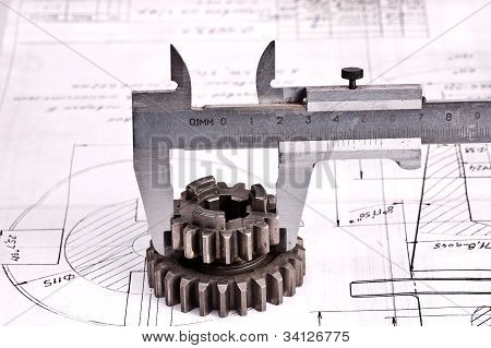 Bremssattel mit Teil auf technische Zeichnung