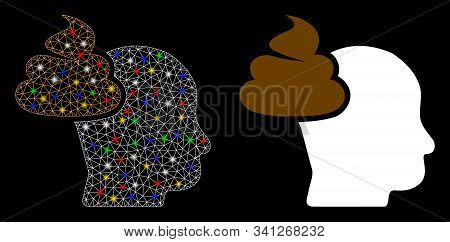 Glossy Mesh Shit Thinking Head Icon With Lightspot Effect. Abstract Illuminated Model Of Shit Thinki