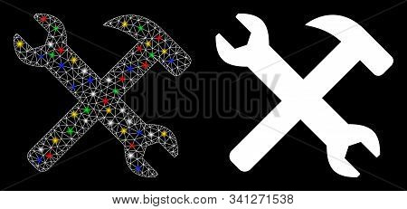 Glossy Mesh Wrench And Hammer Tools Icon With Glow Effect. Abstract Illuminated Model Of Wrench And 