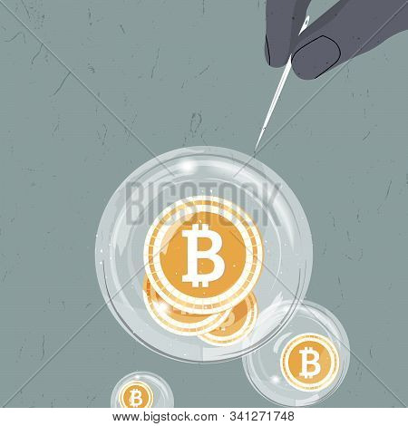 Hand Holding Pin To Burst Bitcoin Bubbles