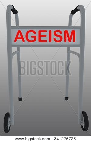 3d Illustration Of A Walker With Ageism Title, Isolated On A Gray Gradient.