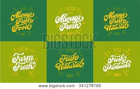 Set Of Always Fresh Produst, Lettering Phrases. Vector Illustration Stamps.