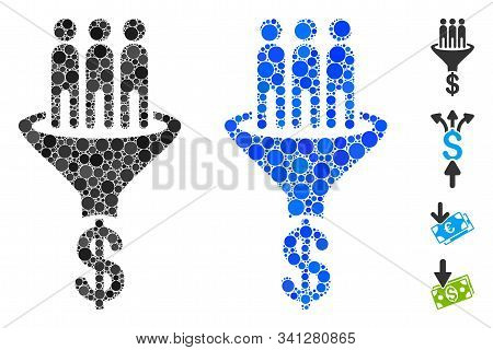 Sales Funnel Mosaic Of Round Dots In Different Sizes And Shades, Based On Sales Funnel Icon. Vector 