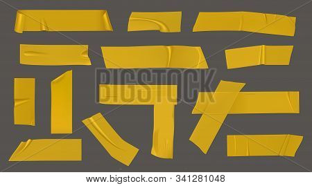 Duct Tape Pieces. Insulating Yellow Adhesive Stripes Attached With Wrinkles And Unstuck Curled Edges