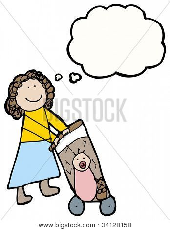 authentic looking child's drawing of a woman with pushchair