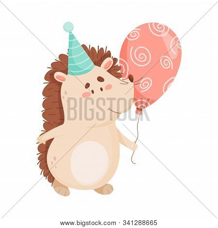 Cartoon Hedgehog Character Carrying Balloon Hurrying To Birthday Party Vector Illustration
