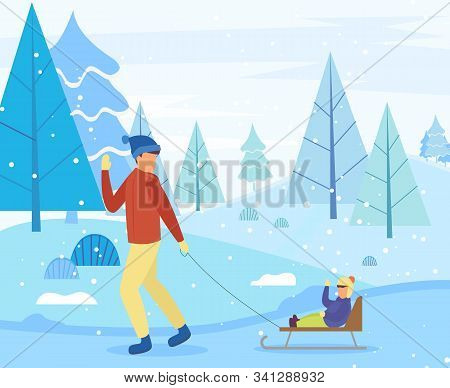 Parent And Child Spend Time Actively In Winter Forest. Father Rides Little Boy On Sleigh During Snow