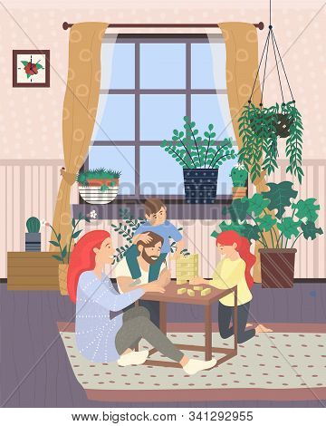 Family Playing Jenga Game Vector, Mother And Father With Kids, Children And Parents. Window With Cur