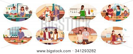 Collection Of People Cooking In Kitchen Of Homes. Couples And Family, Granny And Granddaughter Makin