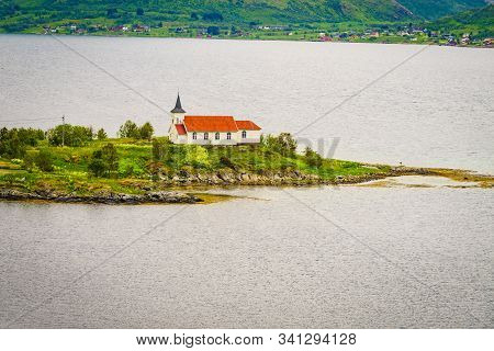 Fjord Landscape With Sildpollnes Chapel, Lofoten Islands, Sildpollneset Peninsula On Of Austvagoya, 