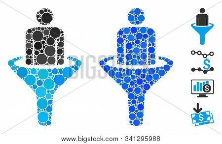 Sales Funnel Mosaic Of Round Dots In Variable Sizes And Color Tones, Based On Sales Funnel Icon. Vec
