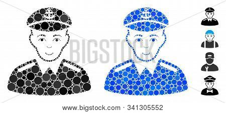 Captain Mosaic Of Filled Circles In Variable Sizes And Shades, Based On Captain Icon. Vector Filled 
