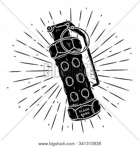 Flash Grenade. Hand Drawn Vector Illustration With A Grenade And Divergent Rays. Used For Poster, Ba