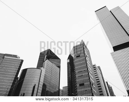 Seoul/south Korea - 11.08.2019: Gangnam Skyscrapers In Seoul. View From The Earth To The Sky. Graysc