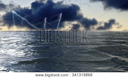 Lightning Strikes On The Sea Surface In Stormy Sea In The Atlantic Ocean
