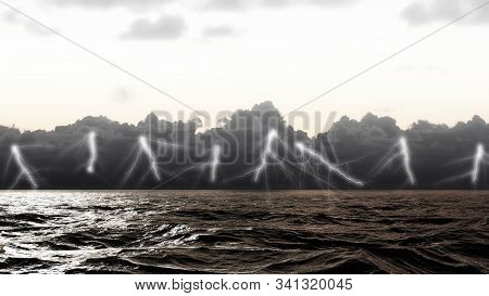 Lightning Strikes On The Sea Surface In Stormy Sea In The Atlantic Ocean