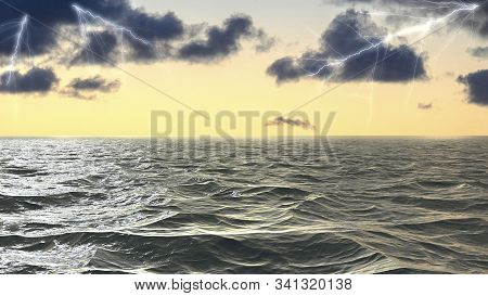 Lightning Strikes On The Sea Surface In Stormy Sea In The Atlantic Ocean