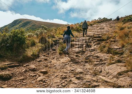 Cambara Do Sul - Brazil, July 18, 2019. People On Rocky Trail Going Up To The Top Of Fortaleza Canyo